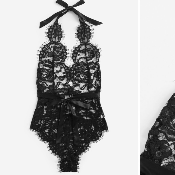 🦄 Scalloped Trim Floral Lace Halter Teddy - Picture 6 of 6